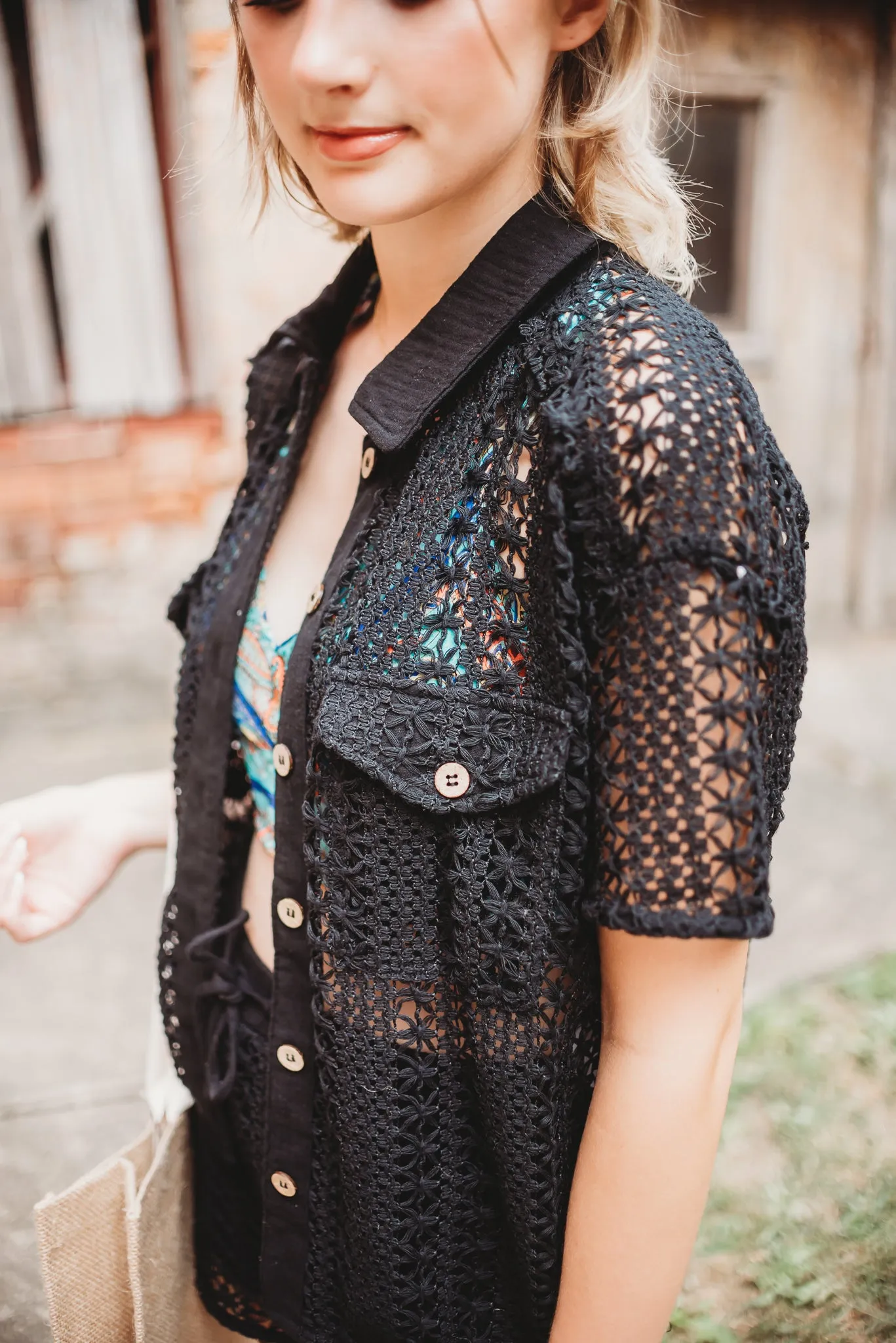 SHEER CROCHET KNIT BUTTON DOWN SHIRT