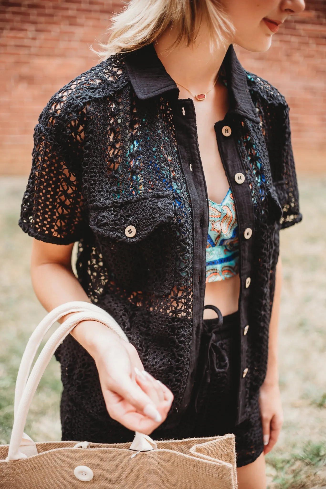 SHEER CROCHET KNIT BUTTON DOWN SHIRT