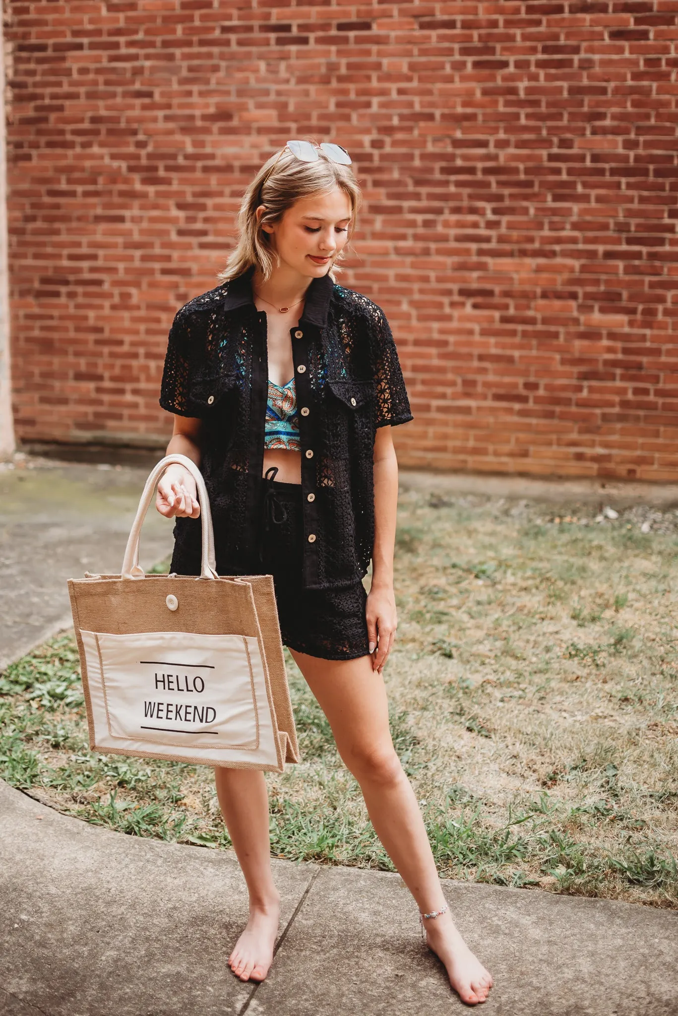 SHEER CROCHET KNIT BUTTON DOWN SHIRT