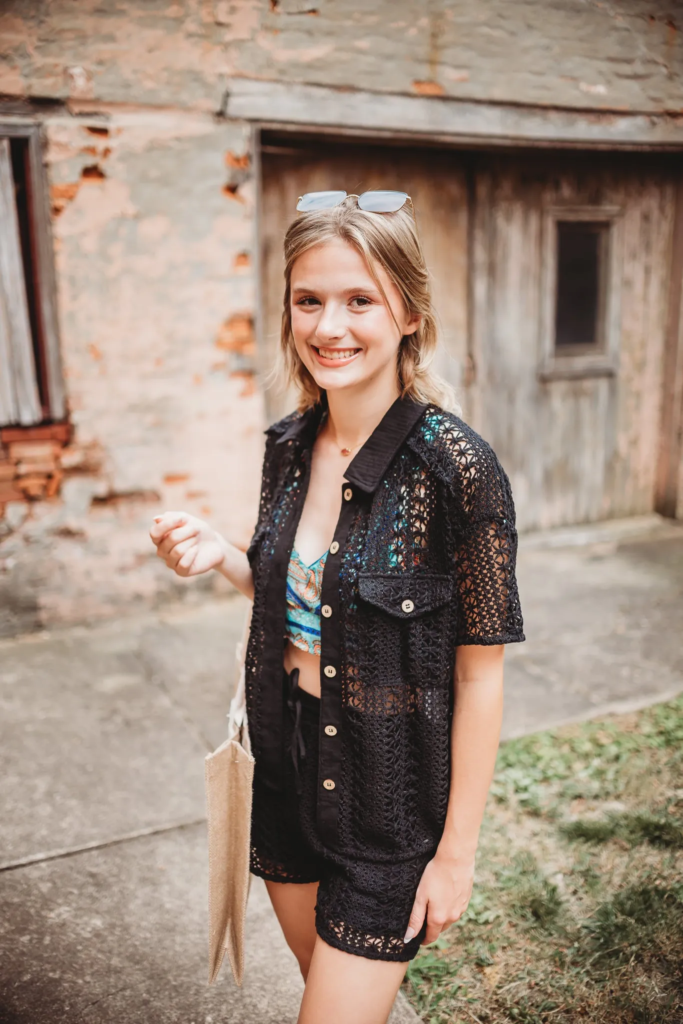 SHEER CROCHET KNIT BUTTON DOWN SHIRT