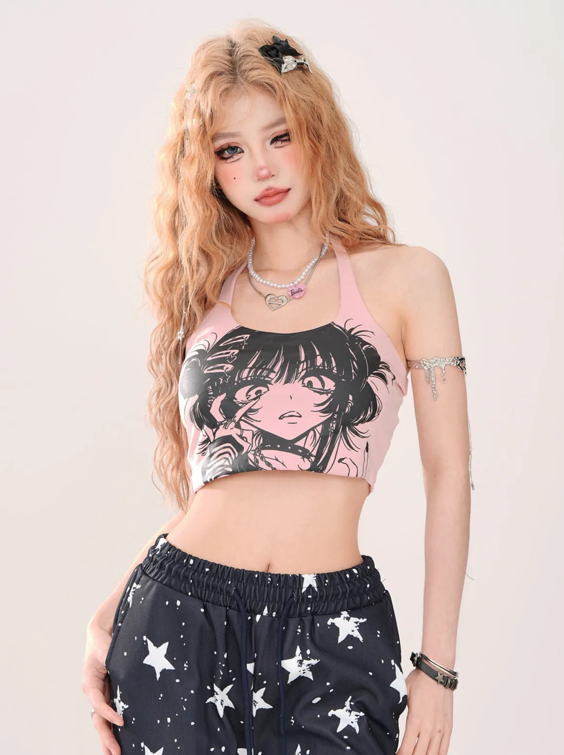 Short Neck Halter Top Girl's Strap Print