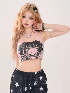 Short Neck Halter Top Girl's Strap Print