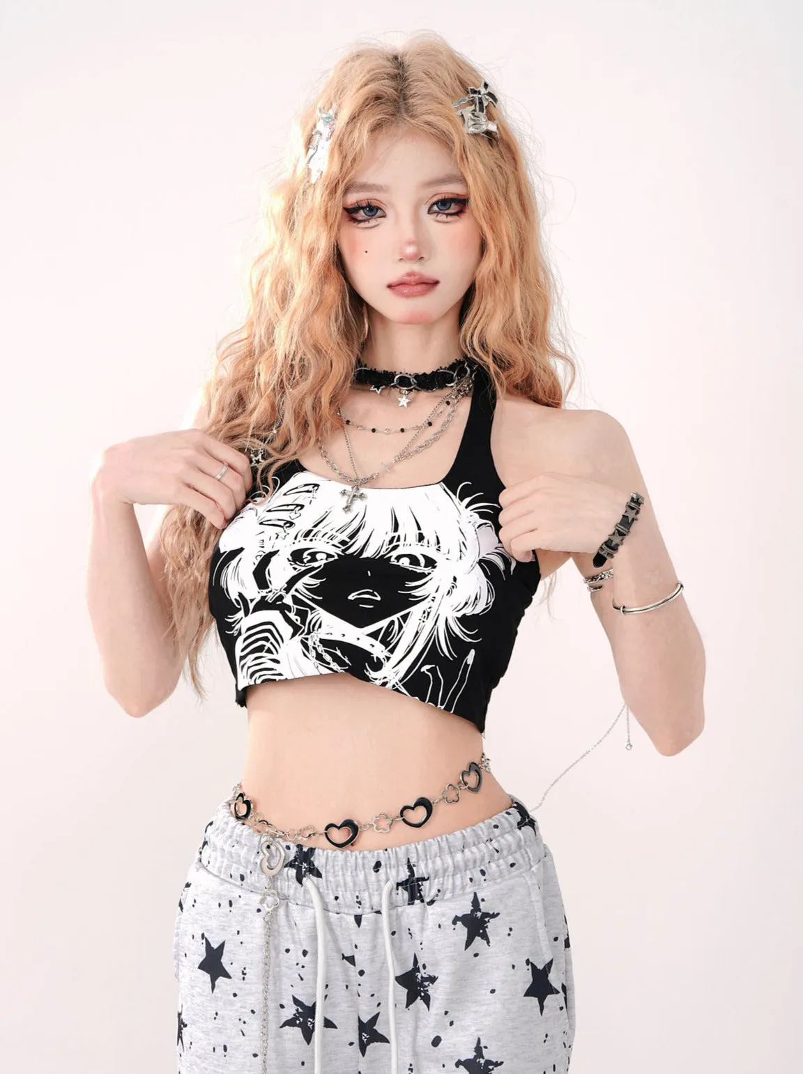 Short Neck Halter Top Girl's Strap Print