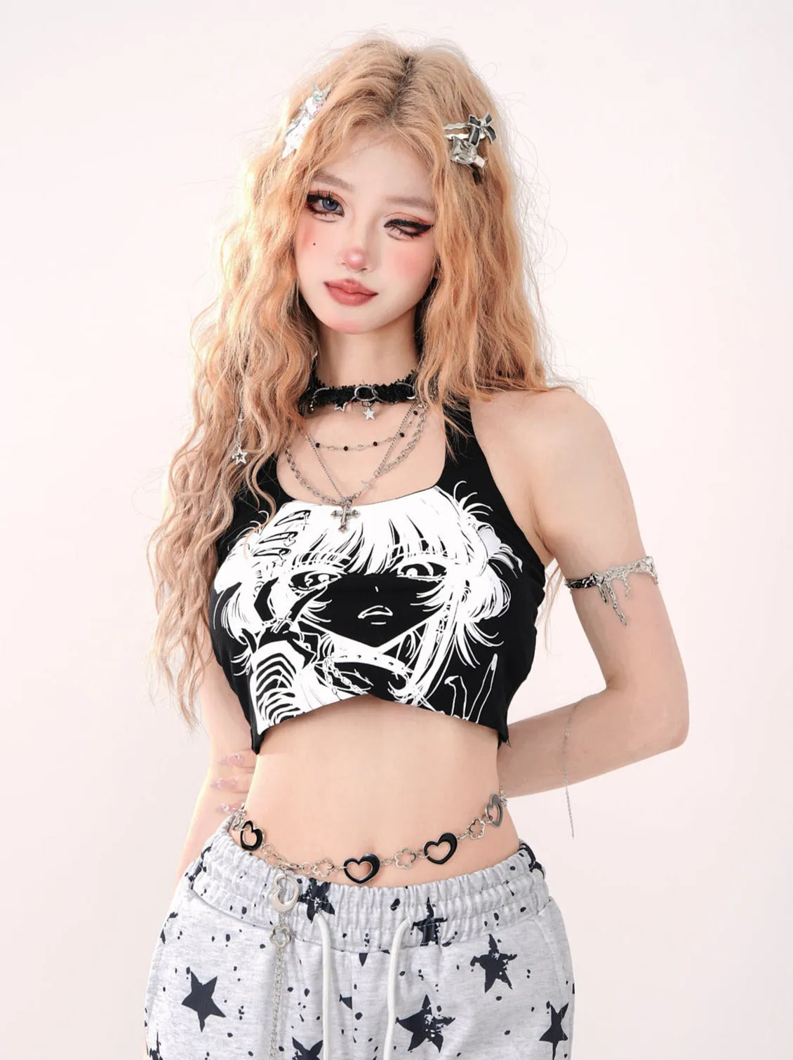 Short Neck Halter Top Girl's Strap Print