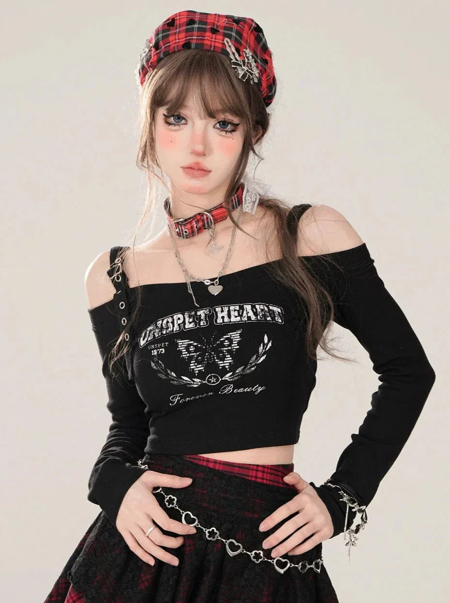 Short T-Shirt Off-the-shoulder Long Slim Black Sleeve