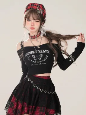 Short T-Shirt Off-the-shoulder Long Slim Black Sleeve