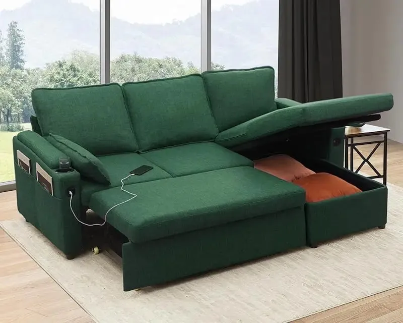 Sofa Bed Sleeper Pull Out 2 in 1 Sectional Couches with Storage,USB,Cup Holder,Pullout Sectional Couches