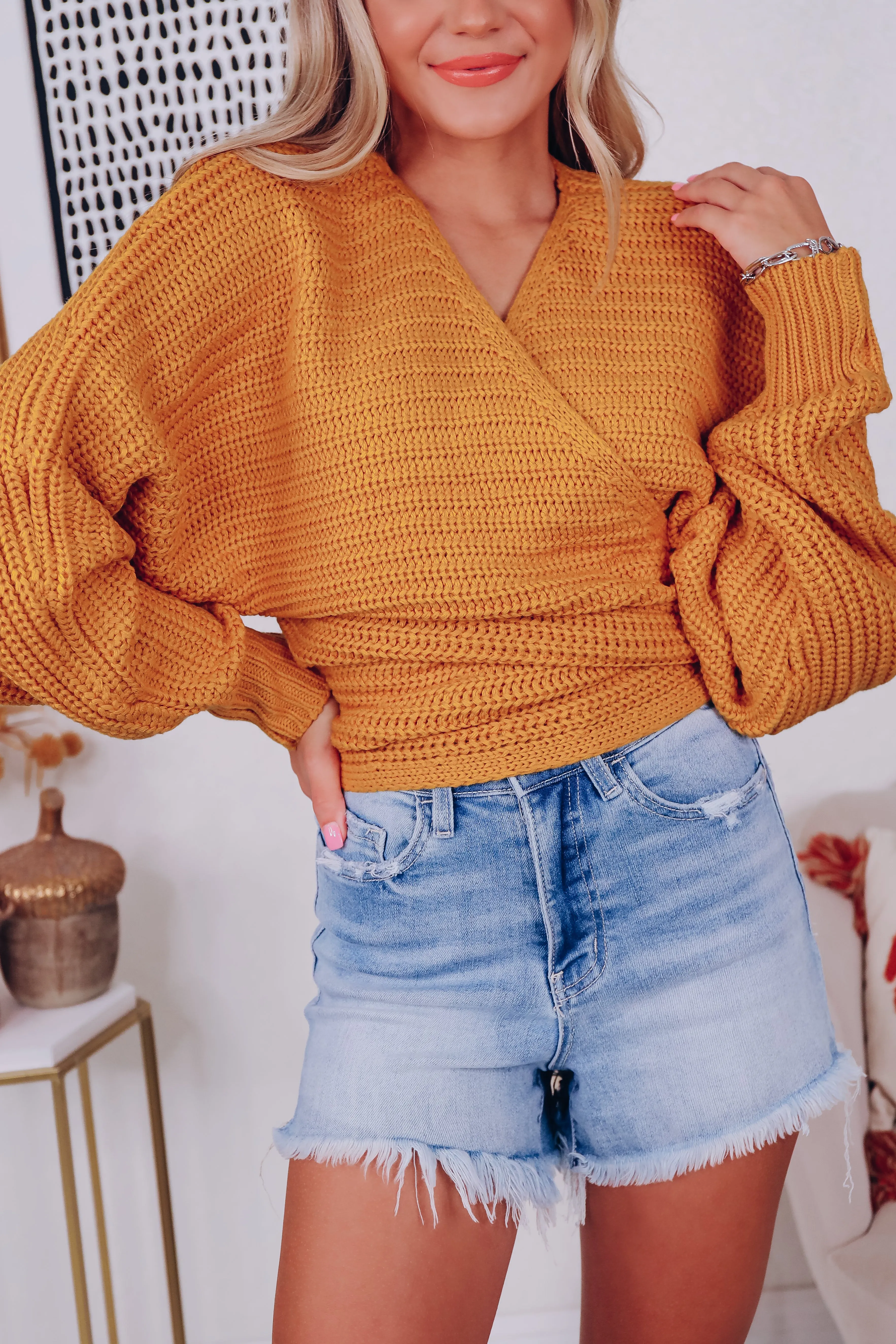 Spencer Surplice Tie Back Knit Sweater - Mustard