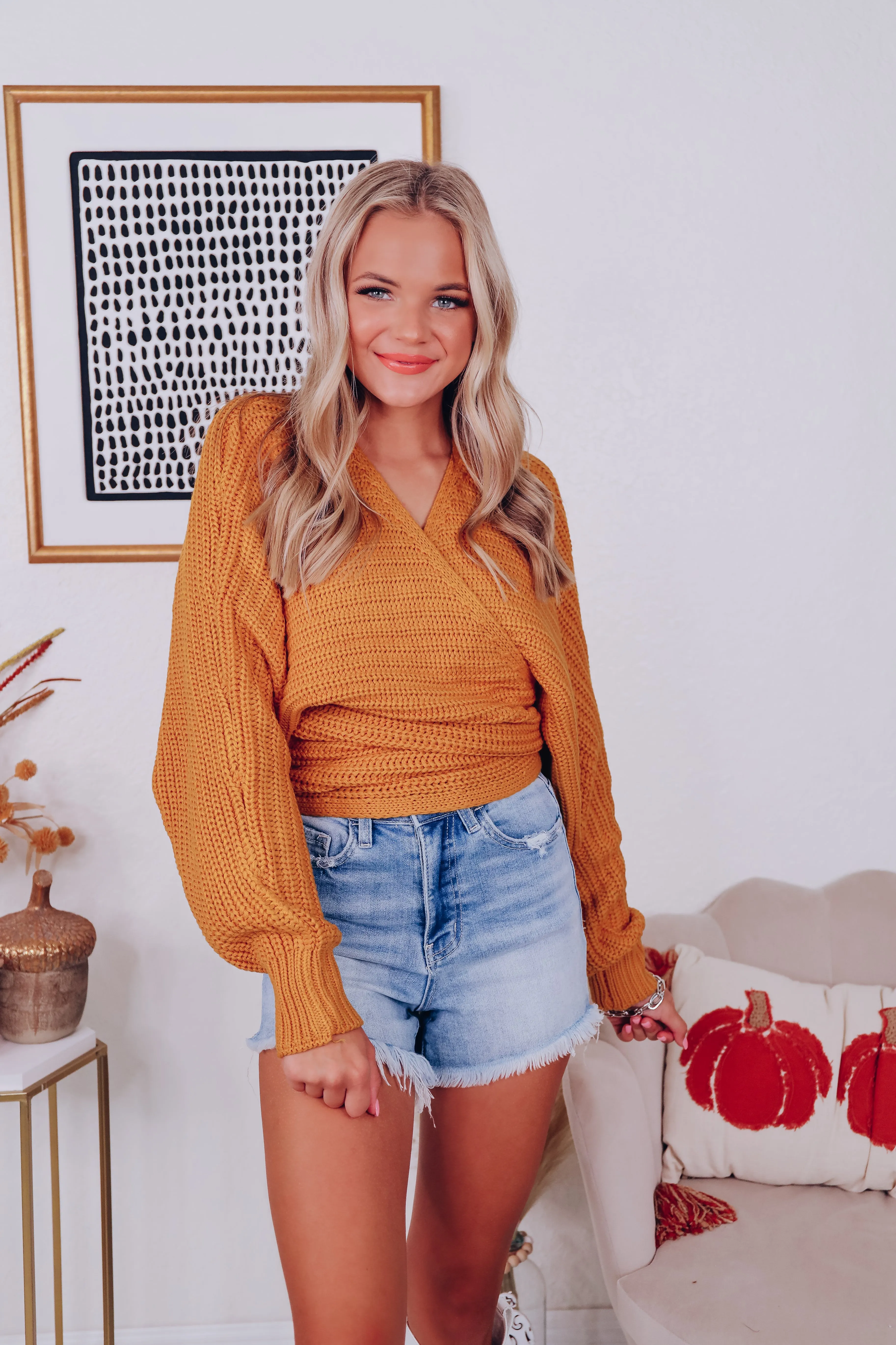 Spencer Surplice Tie Back Knit Sweater - Mustard