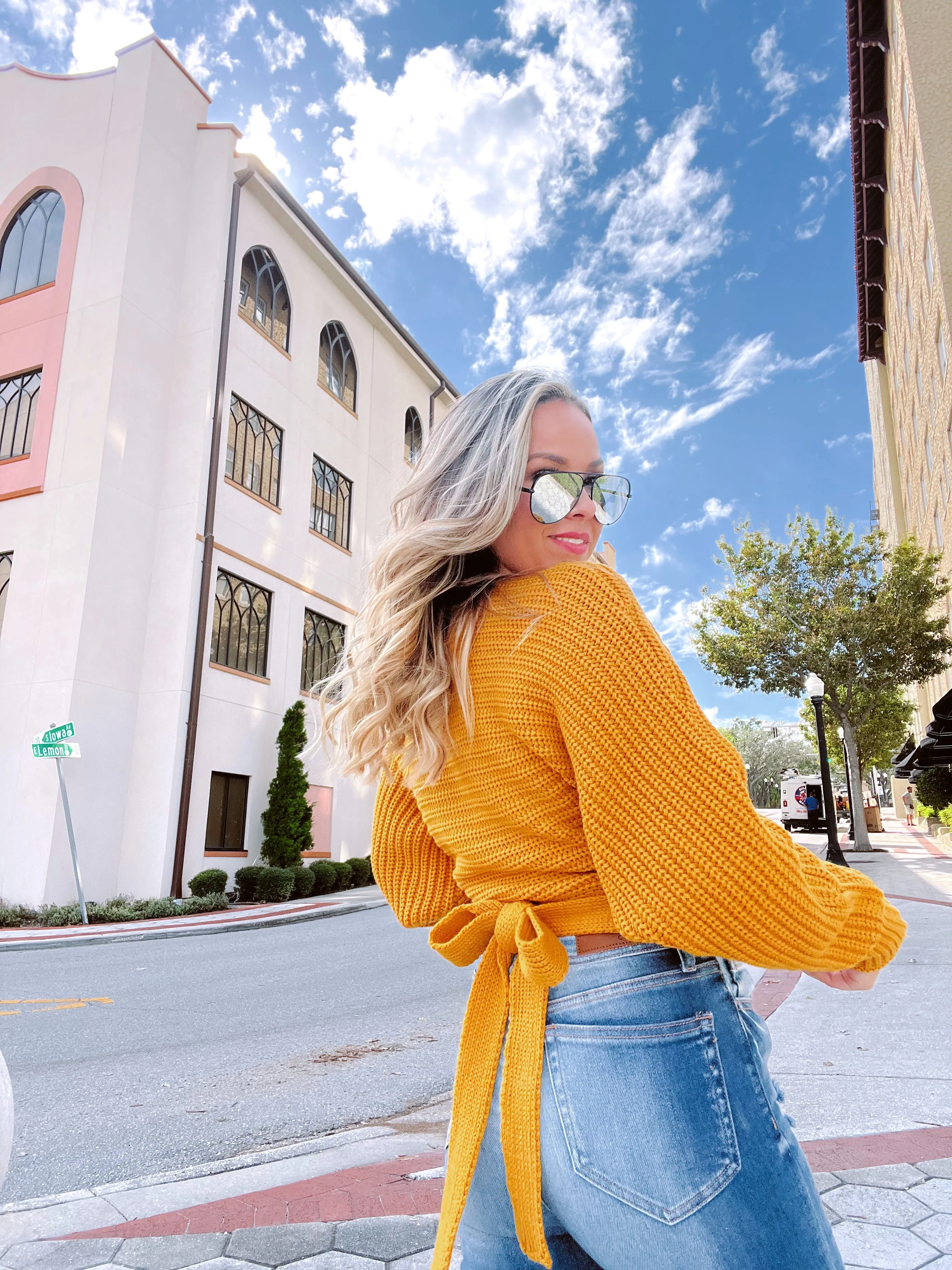 Spencer Surplice Tie Back Knit Sweater - Mustard