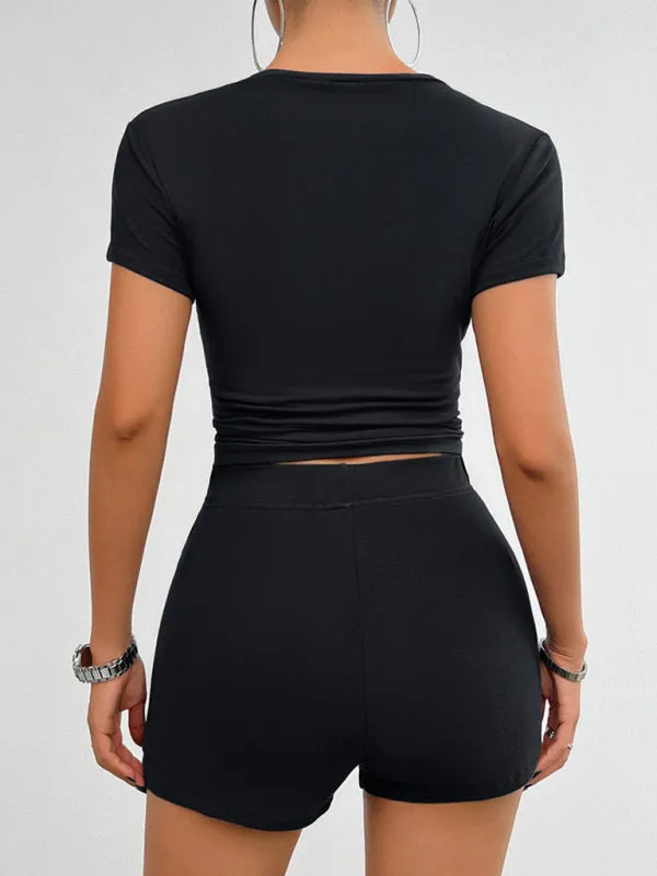 Sporty Women's Solid Shorts & T-Shirt Sport Outfit