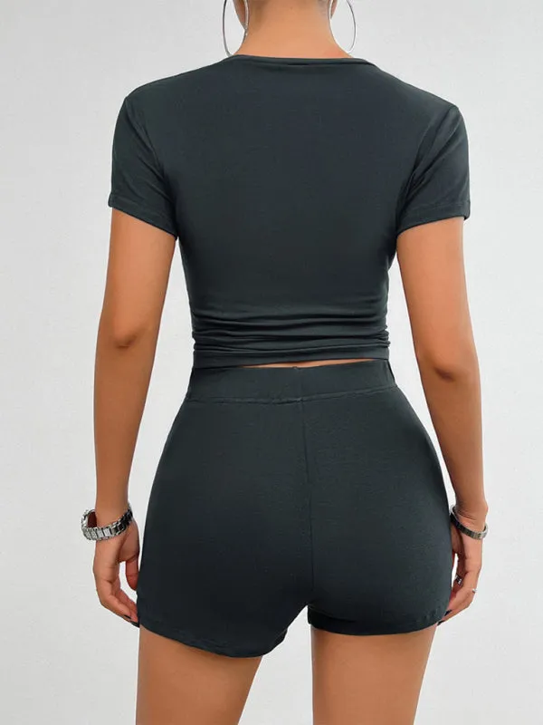 Sporty Women's Solid Shorts & T-Shirt Sport Outfit