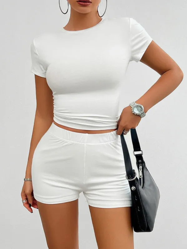 Sporty Women's Solid Shorts & T-Shirt Sport Outfit