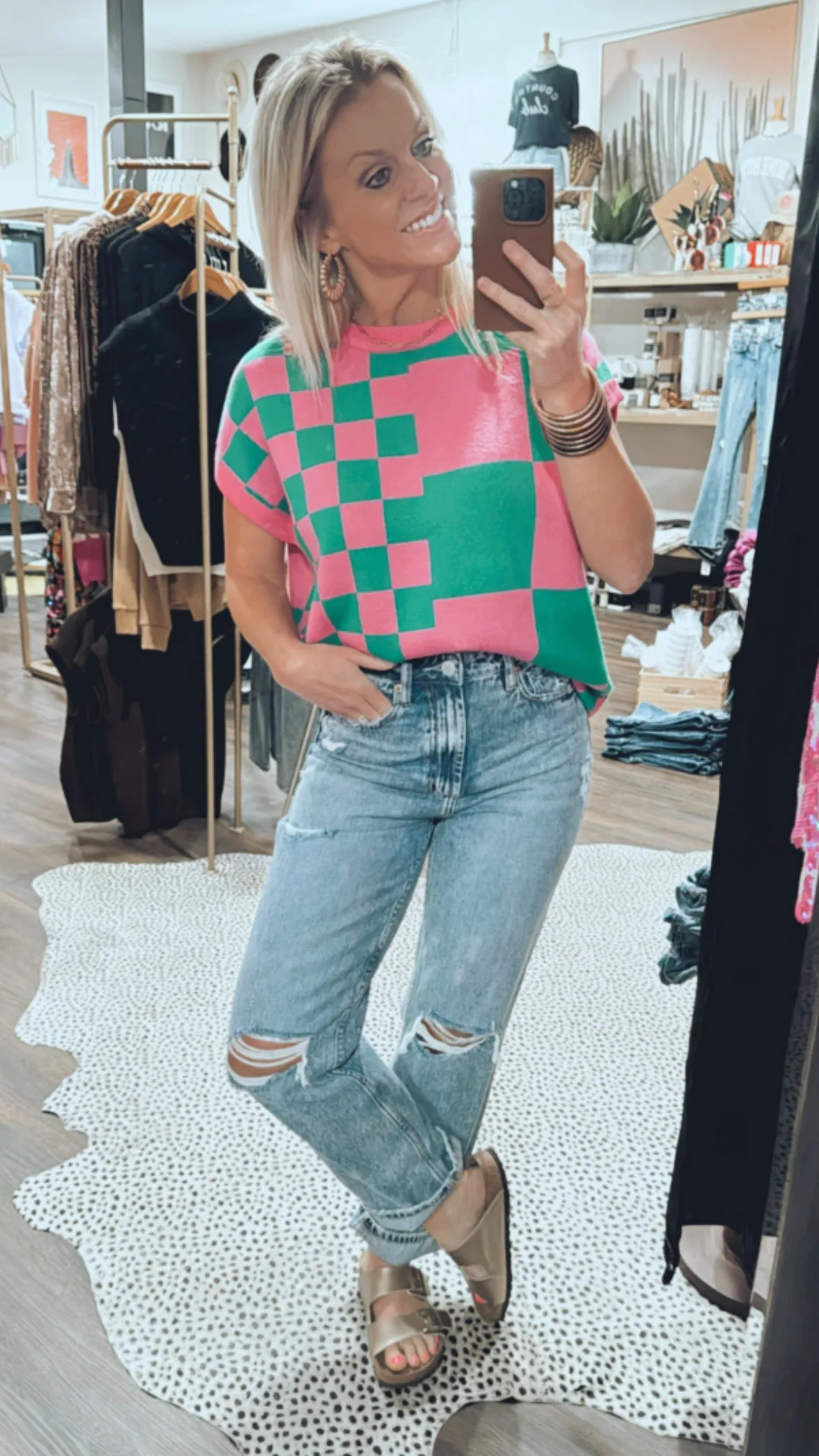 The Check Knitted Top in Green/Bubble Gum