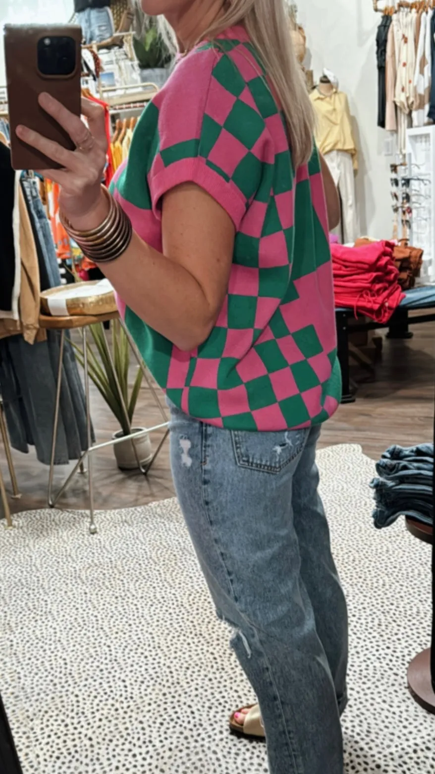 The Check Knitted Top in Green/Bubble Gum