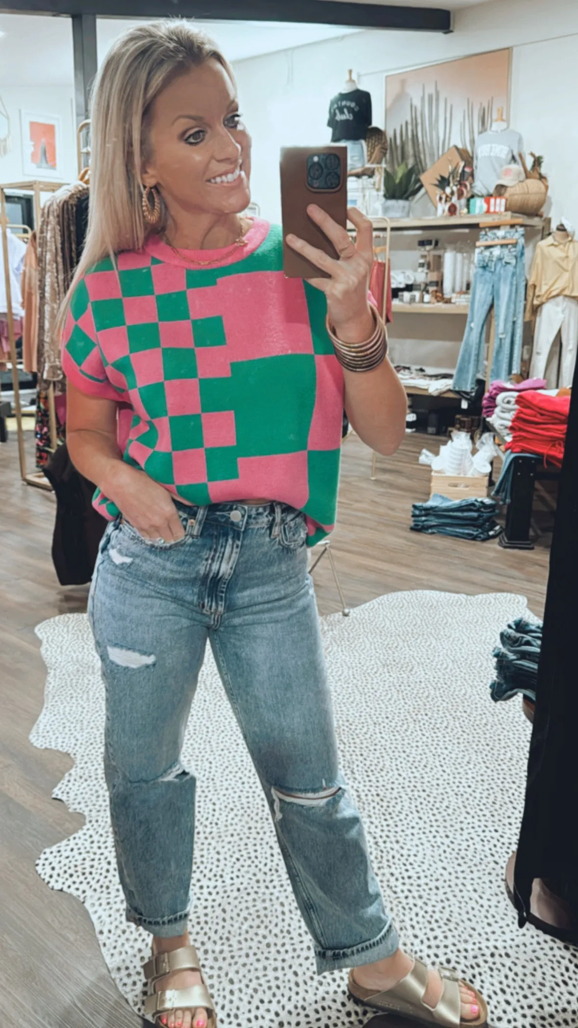 The Check Knitted Top in Green/Bubble Gum
