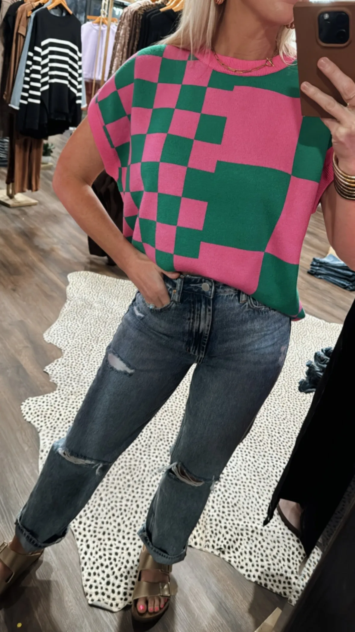 The Check Knitted Top in Green/Bubble Gum