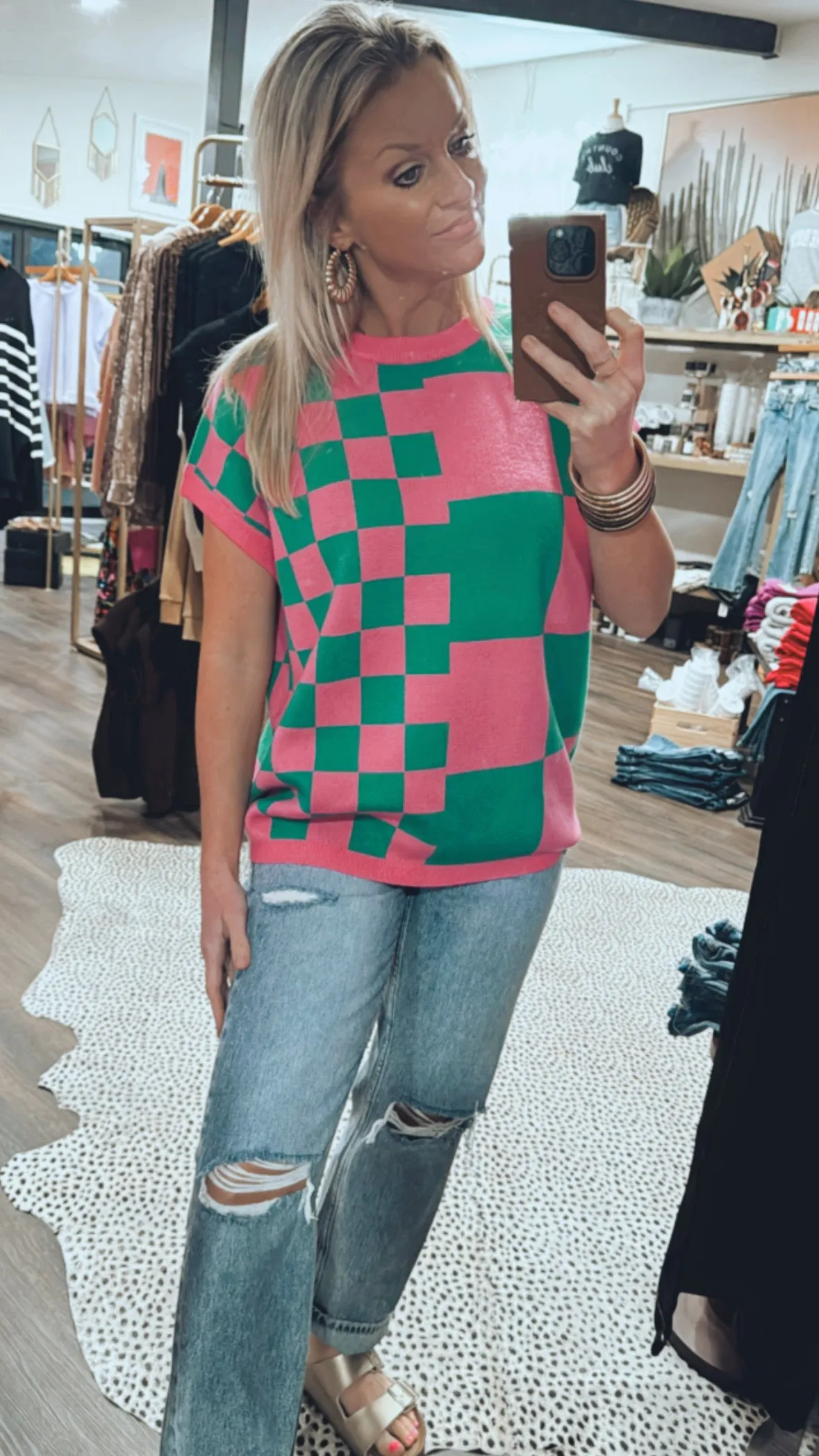 The Check Knitted Top in Green/Bubble Gum