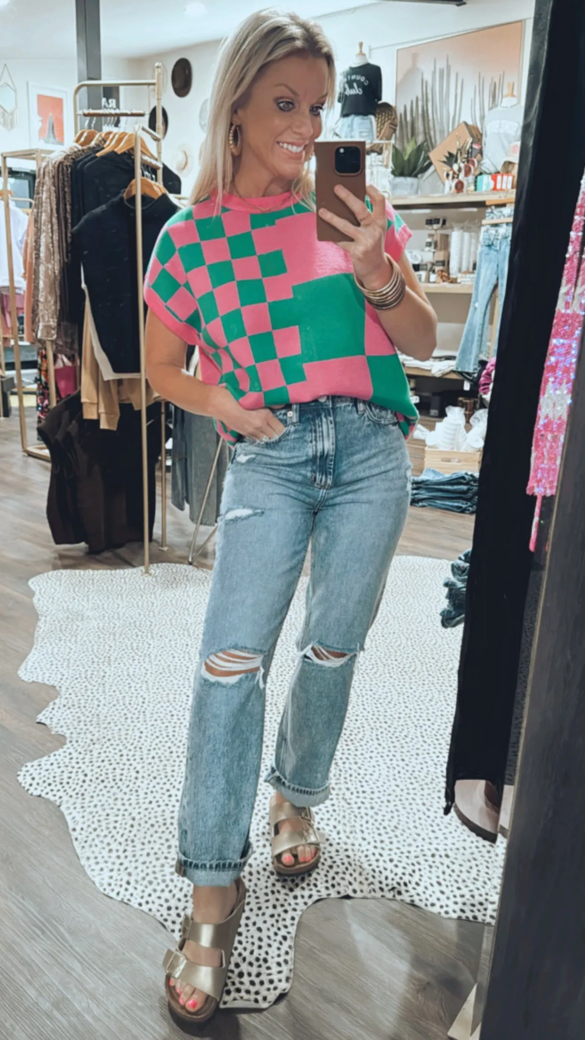 The Check Knitted Top in Green/Bubble Gum