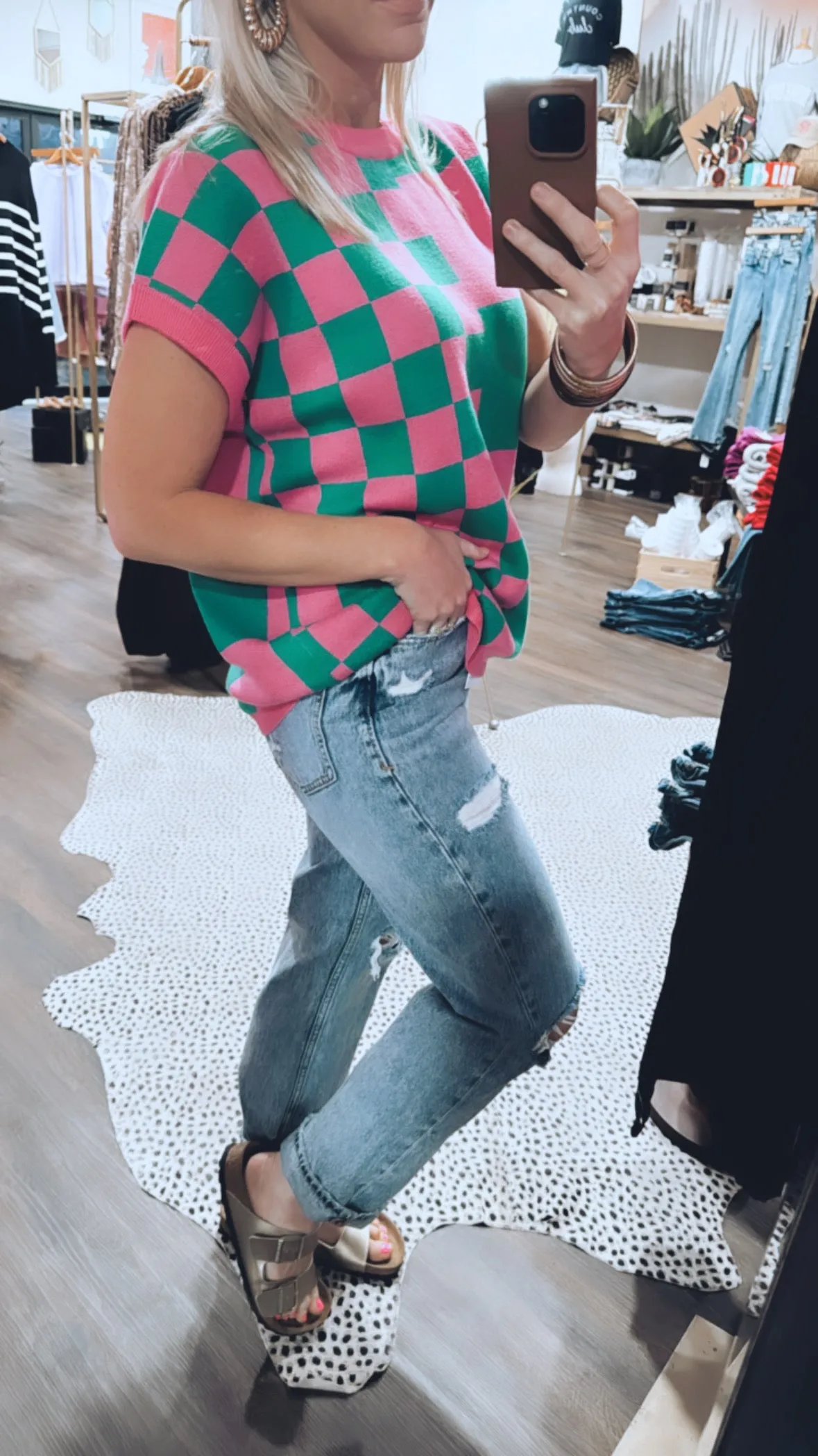The Check Knitted Top in Green/Bubble Gum