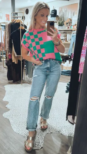 The Check Knitted Top in Green/Bubble Gum