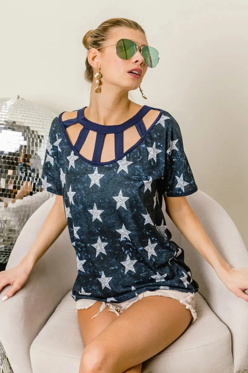 Vintage Star Print Top With Contrast Caged Neck