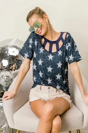 Vintage Star Print Top With Contrast Caged Neck