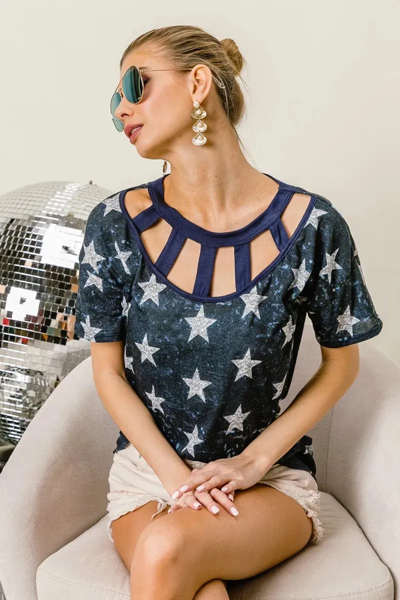 Vintage Star Print Top With Contrast Caged Neck