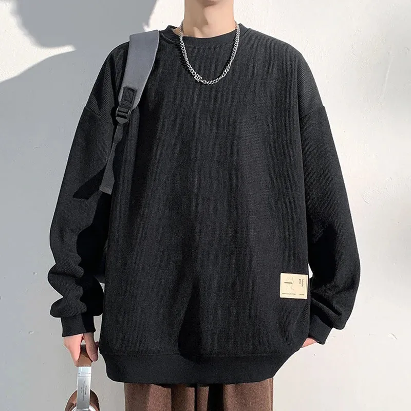 Wiaofellas  -  Spring Trendy Solid Round Neck Sweatshirts Ment's Long Sleeve Casual Pullover Tops Streetwear Black Beige Brownish