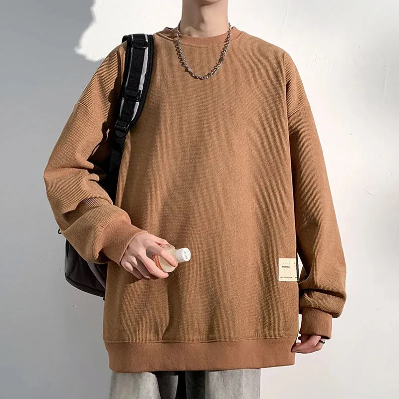 Wiaofellas  -  Spring Trendy Solid Round Neck Sweatshirts Ment's Long Sleeve Casual Pullover Tops Streetwear Black Beige Brownish