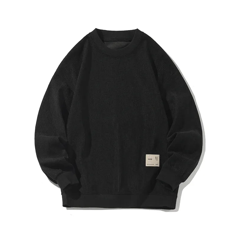Wiaofellas  -  Spring Trendy Solid Round Neck Sweatshirts Ment's Long Sleeve Casual Pullover Tops Streetwear Black Beige Brownish
