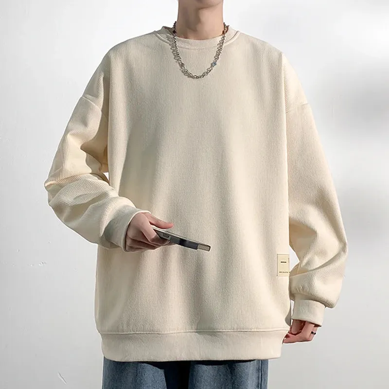 Wiaofellas  -  Spring Trendy Solid Round Neck Sweatshirts Ment's Long Sleeve Casual Pullover Tops Streetwear Black Beige Brownish