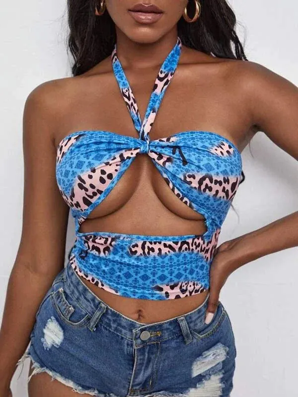 Women's Floral Camouflage Halter Top with Ruffles