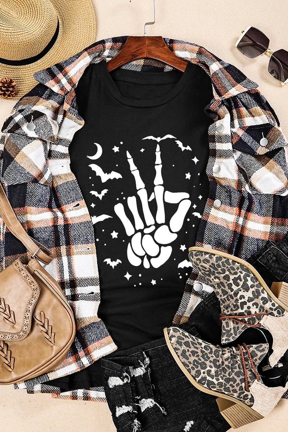 Women's Halloween Bat & Skeleton Hand Graphic Tee