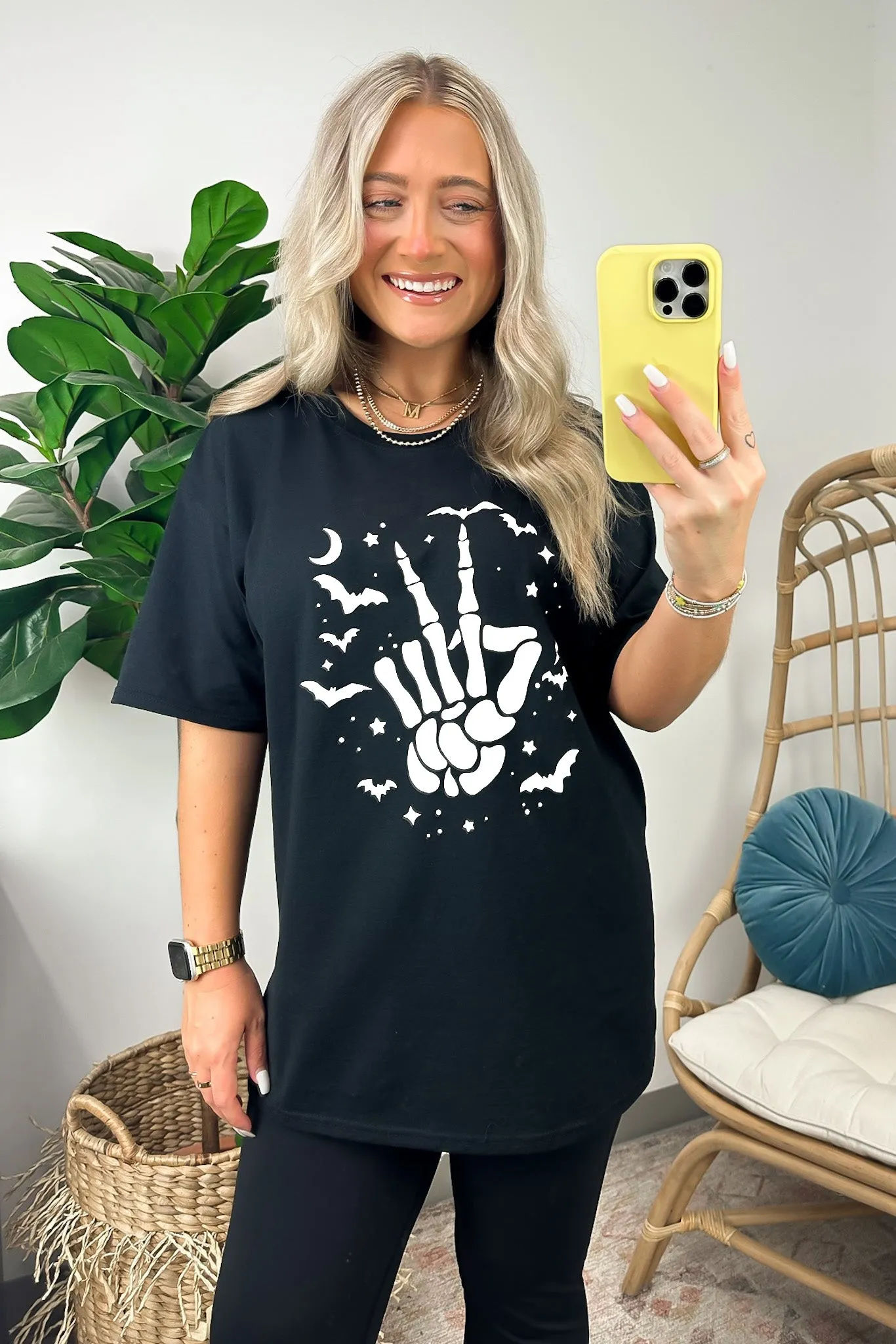 Women's Halloween Bat & Skeleton Hand Graphic Tee