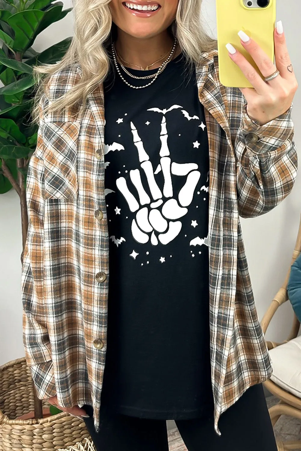 Women's Halloween Bat & Skeleton Hand Graphic Tee