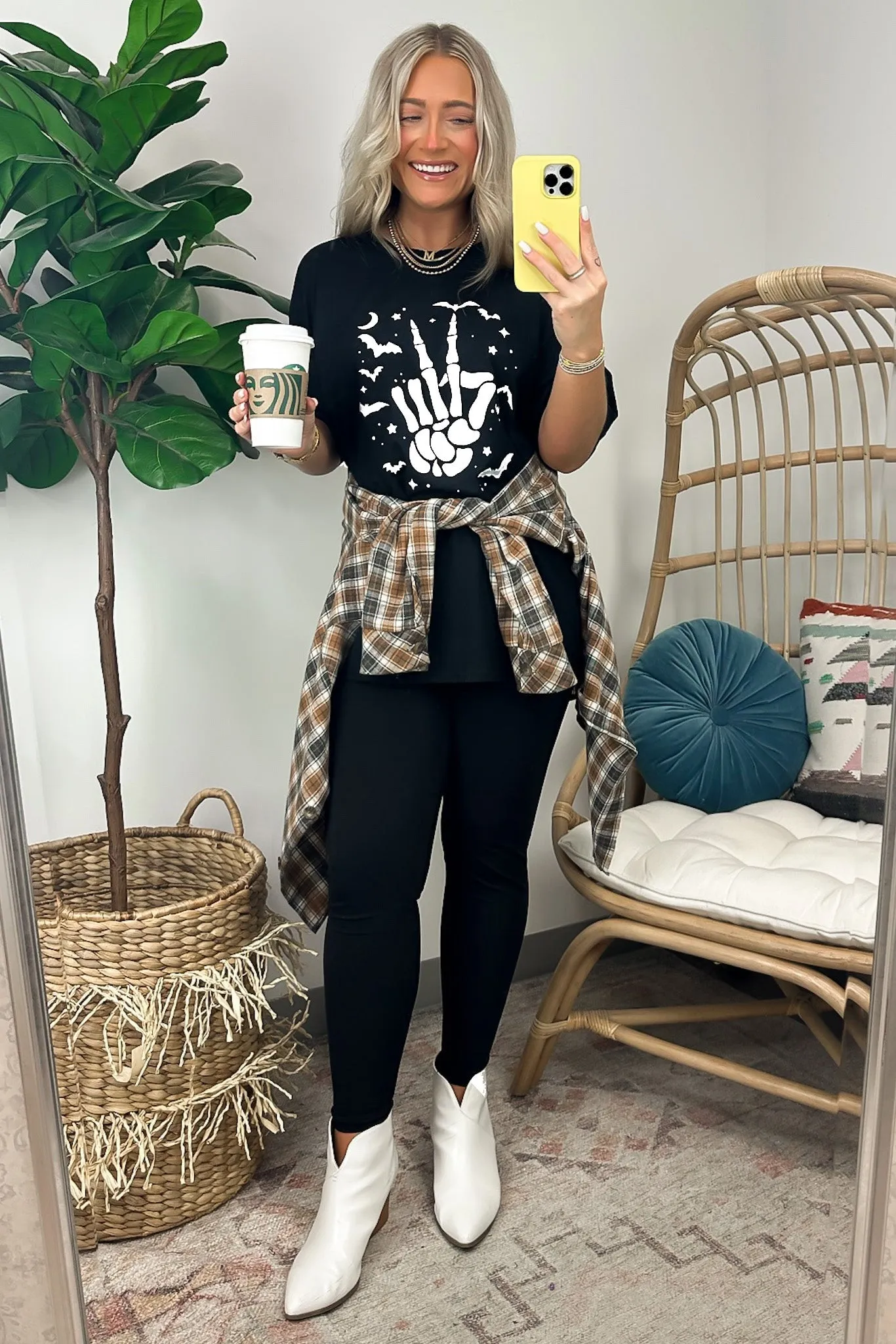 Women's Halloween Bat & Skeleton Hand Graphic Tee