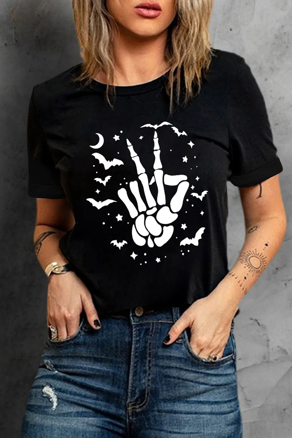 Women's Halloween Bat & Skeleton Hand Graphic Tee