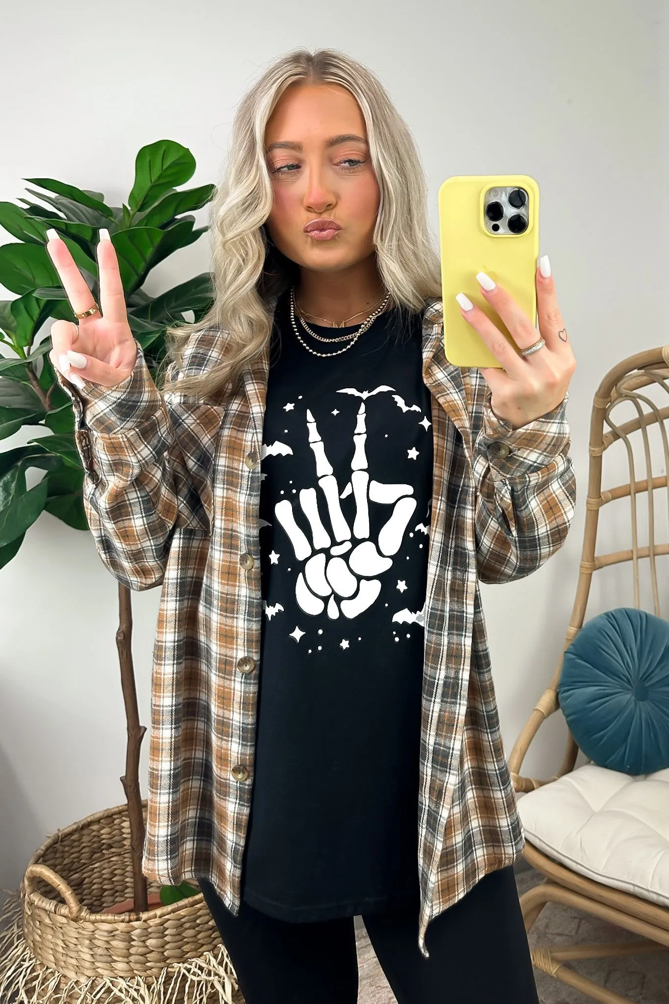 Women's Halloween Bat & Skeleton Hand Graphic Tee