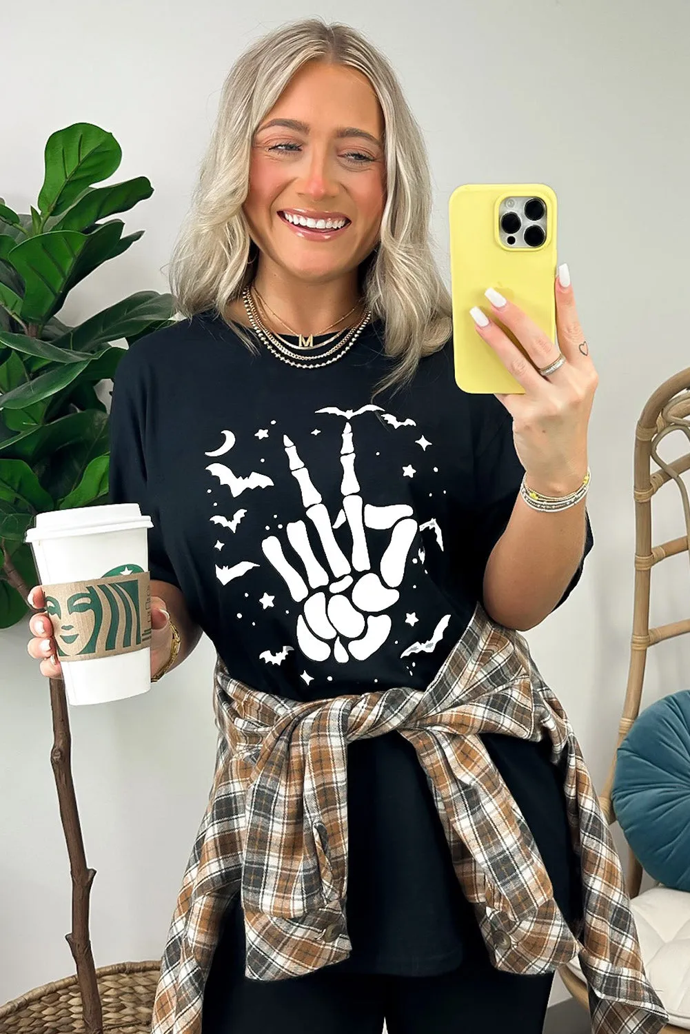 Women's Halloween Bat & Skeleton Hand Graphic Tee