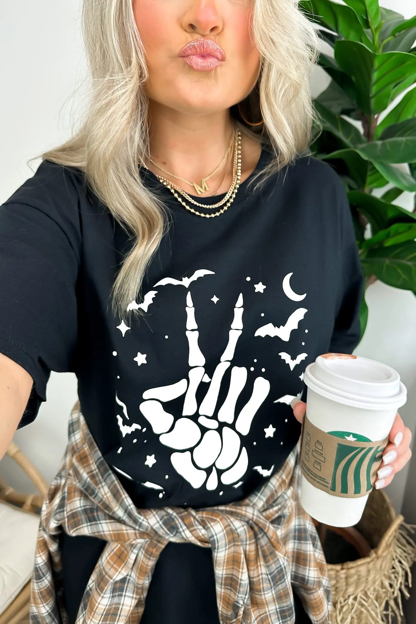 Women's Halloween Bat & Skeleton Hand Graphic Tee