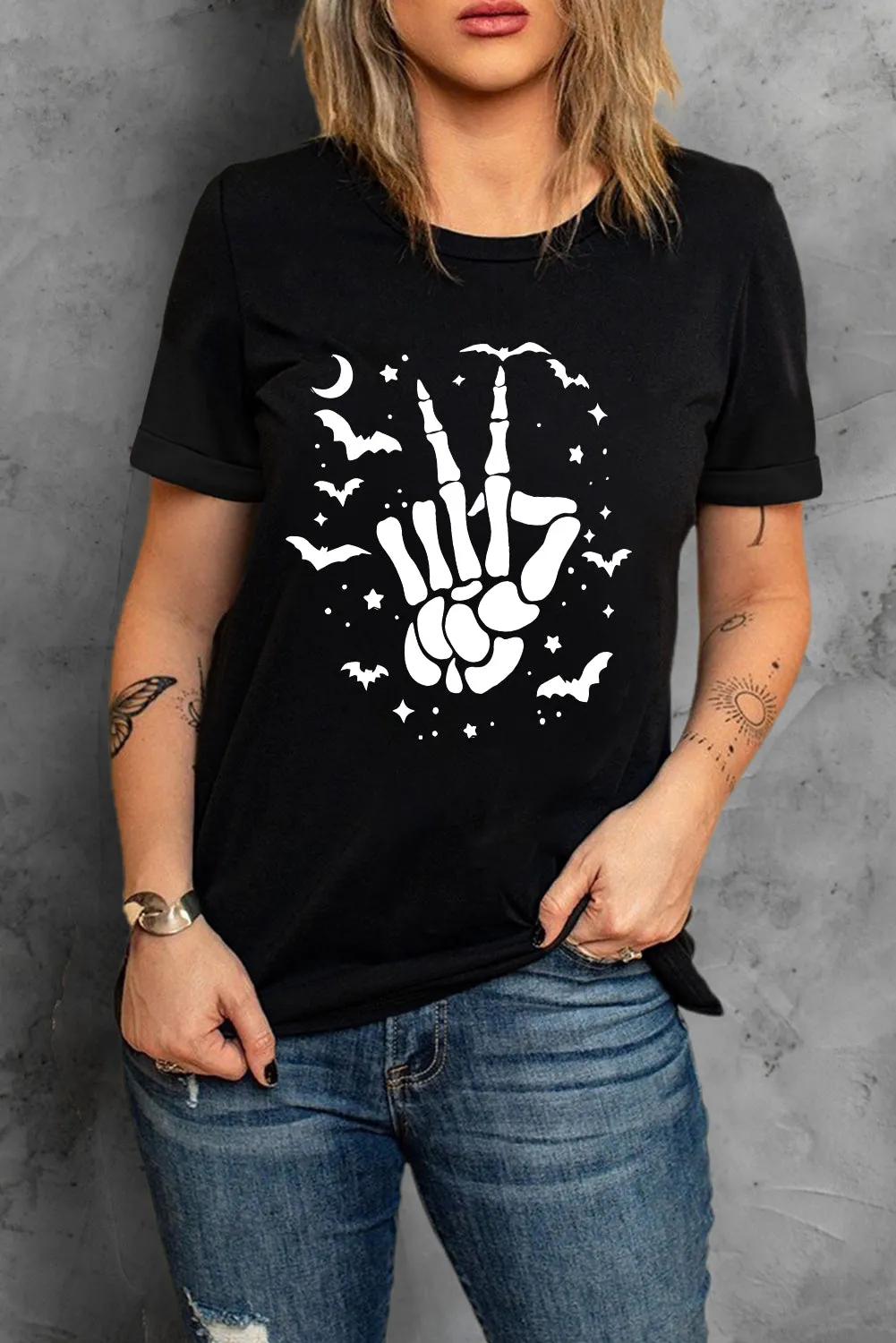 Women's Halloween Bat & Skeleton Hand Graphic Tee