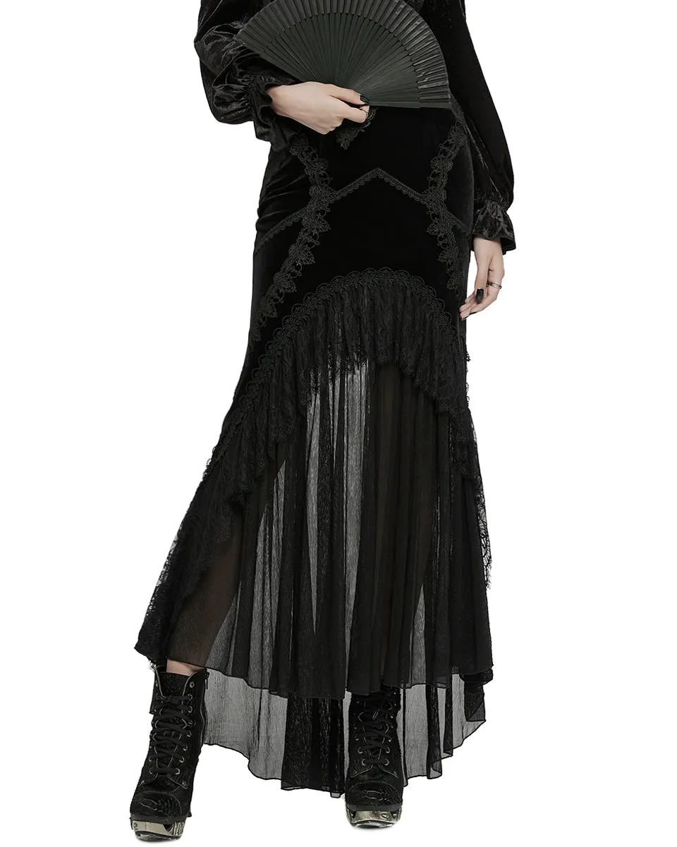 WQ-750BQF Womens Long Gothic Velvet, Lace & Mesh Fishtail Skirt