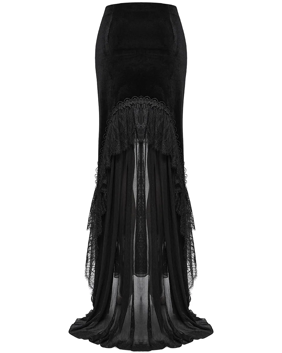 WQ-750BQF Womens Long Gothic Velvet, Lace & Mesh Fishtail Skirt