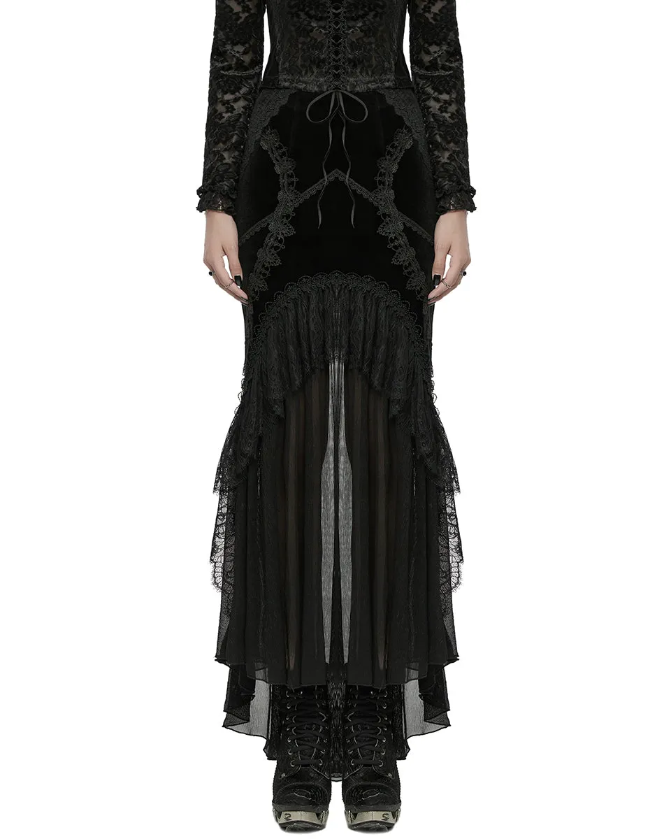 WQ-750BQF Womens Long Gothic Velvet, Lace & Mesh Fishtail Skirt