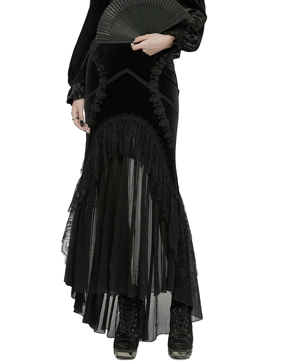 WQ-750BQF Womens Long Gothic Velvet, Lace & Mesh Fishtail Skirt