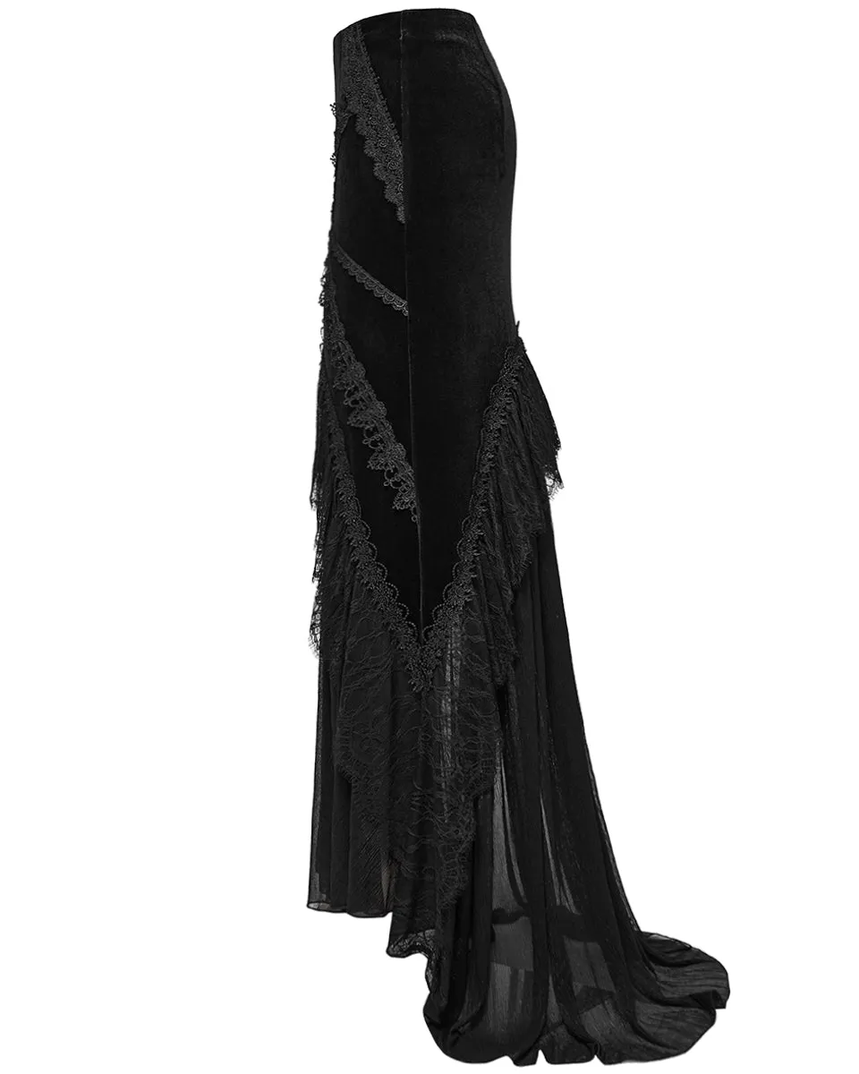 WQ-750BQF Womens Long Gothic Velvet, Lace & Mesh Fishtail Skirt