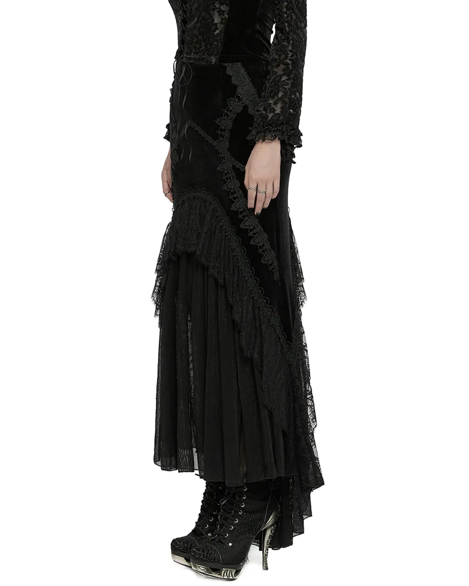 WQ-750BQF Womens Long Gothic Velvet, Lace & Mesh Fishtail Skirt