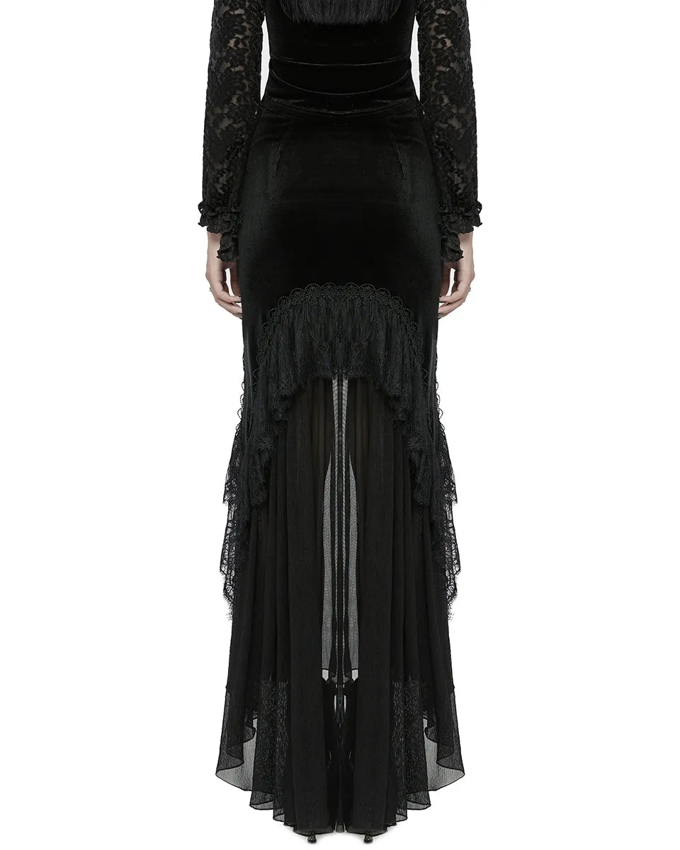 WQ-750BQF Womens Long Gothic Velvet, Lace & Mesh Fishtail Skirt