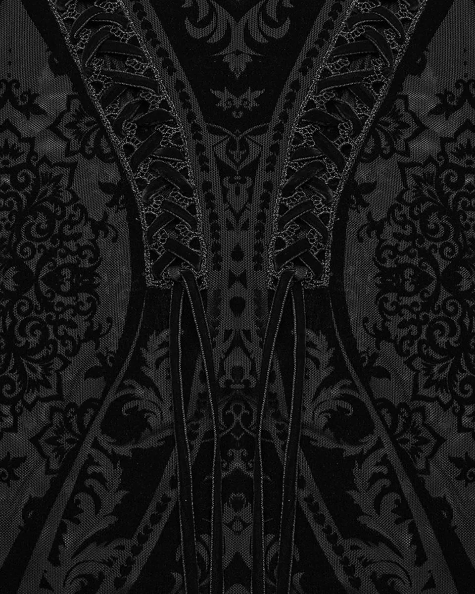 WQ-769BQF Womens Long Gothic Damask Flocked Mesh Fiashtail Maxi Skirt
